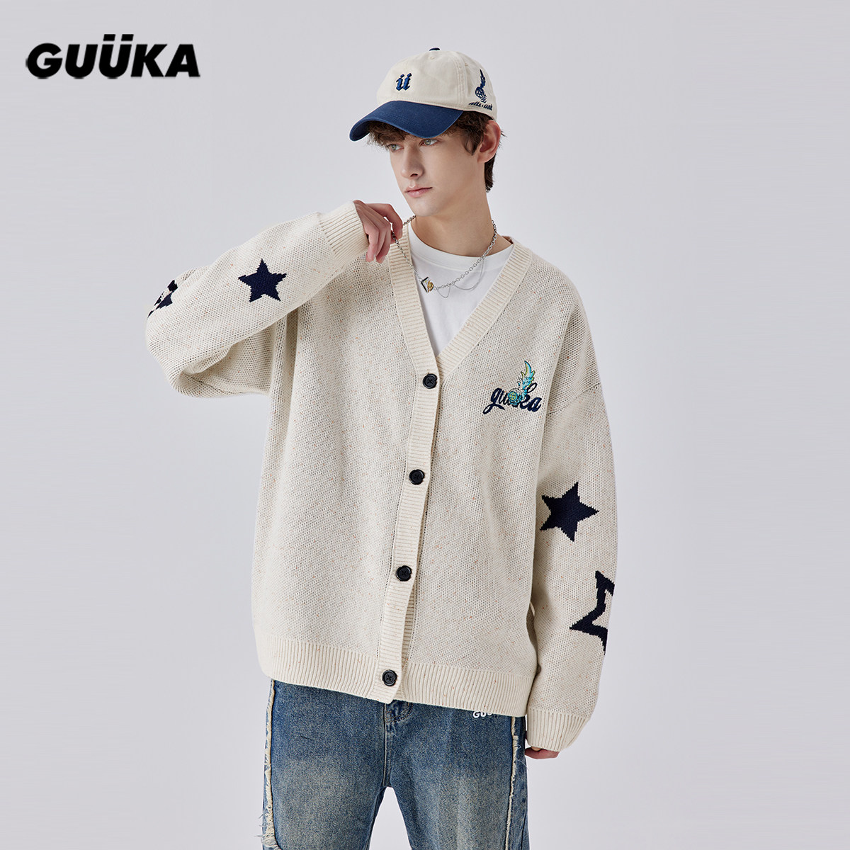 GUUKA古由卡联名杏色针织毛衣男 TF家族-左奇函同款星星开衫宽松