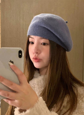 丁走走韩系显白蓝色贝雷帽女2026秋冬含兔毛针织百搭复古画家帽子