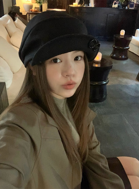 丁走走博主同款设计感纽扣翻檐报童帽女秋冬复古时髦黑色马术帽子