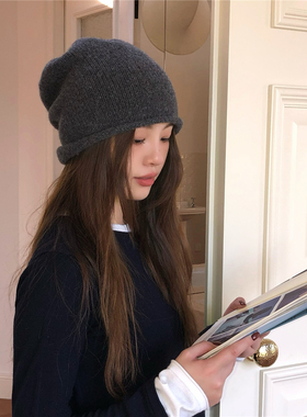 自留款！100%纯羊毛针织帽子女秋冬保暖灰色毛线帽显脸小百搭冷帽