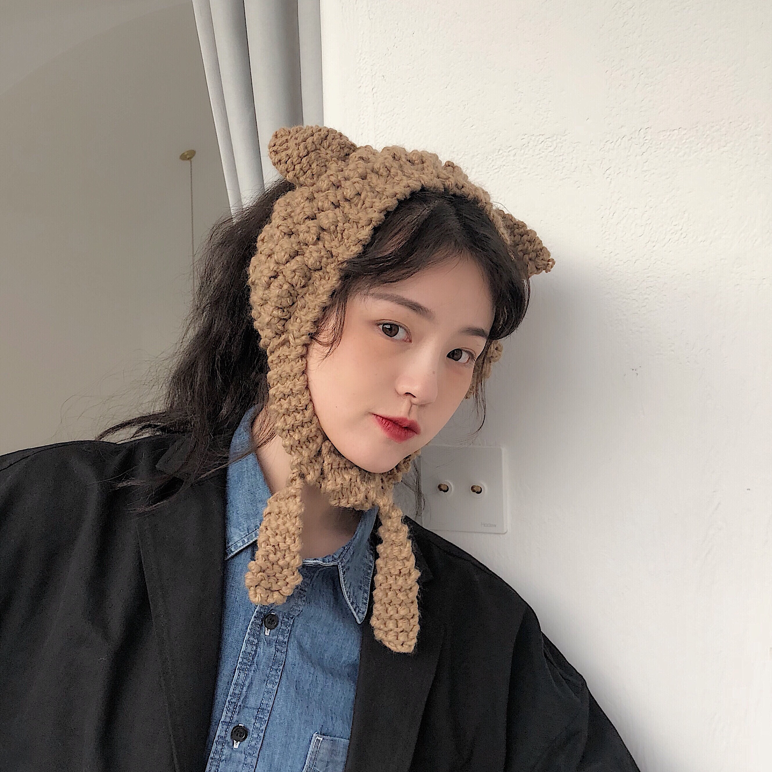 丁走走/可爱萌物～韩国软妹保暖熊耳朵针织耳罩女护耳毛线耳包