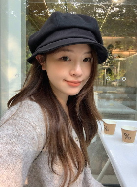 日本订单～麂皮绒黑色贝雷帽子女秋冬大头围八角画家帽百搭显脸小