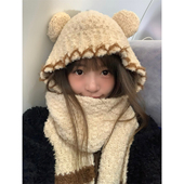 丁走走可爱小熊连帽围巾女冬季 针织帽子围脖一体保暖百搭雷锋帽潮