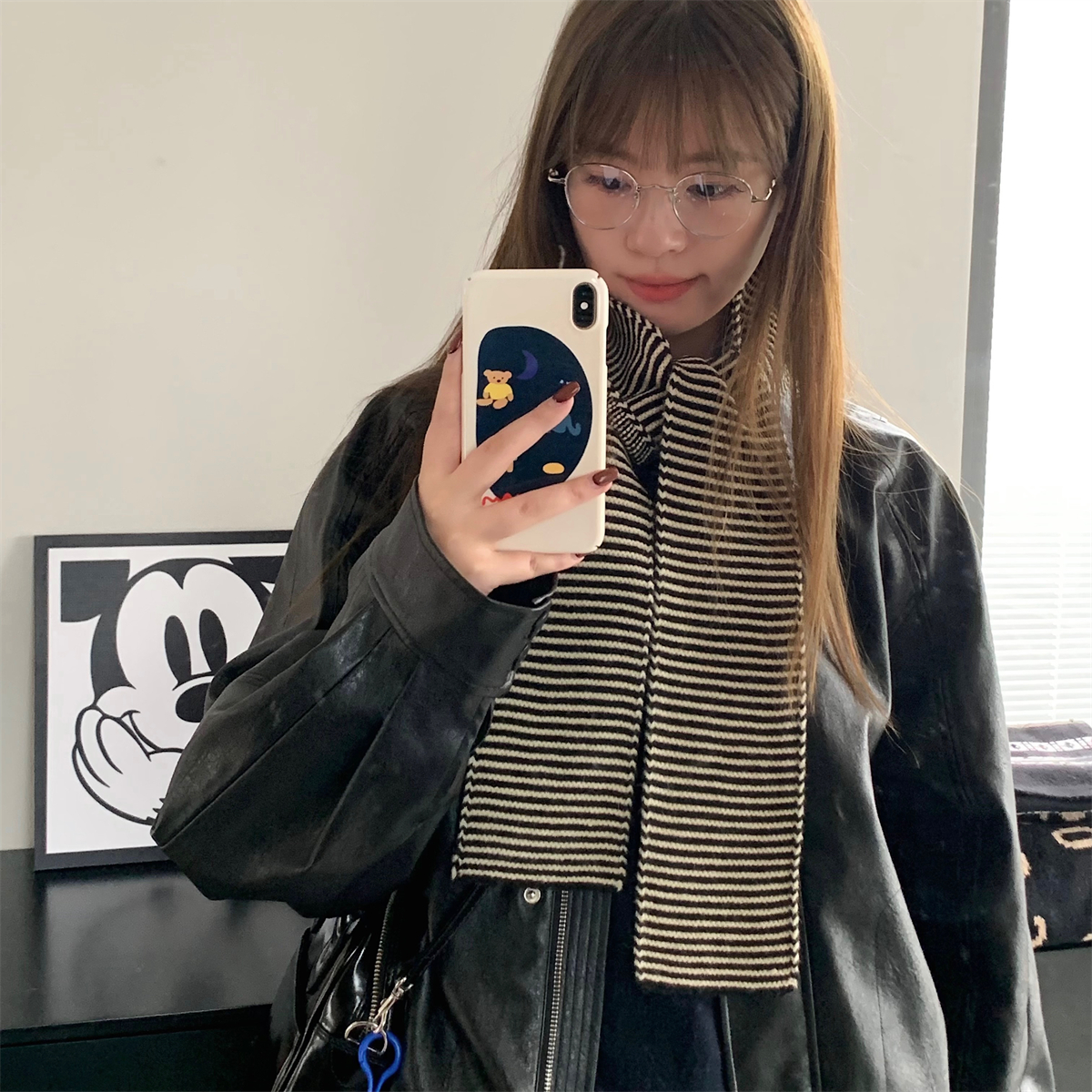 清冷高智感日系文艺针织条纹围巾女时髦百搭凹造型小围脖秋冬保暖