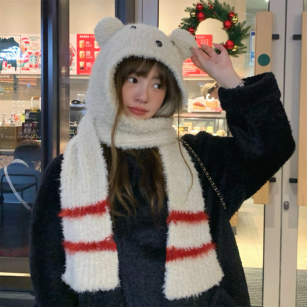 丁走走可爱小熊帽子围巾一体针织帽女冬季保暖围脖护耳百搭雷锋帽