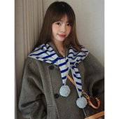 丁走走韩版 ins条纹针织毛球外搭三角围巾女秋冬保暖装 饰披肩围脖