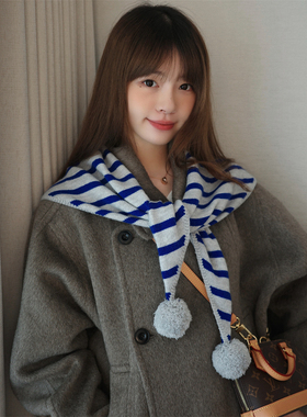 丁走走韩版ins条纹针织毛球外搭三角围巾女秋冬保暖装饰披肩围脖