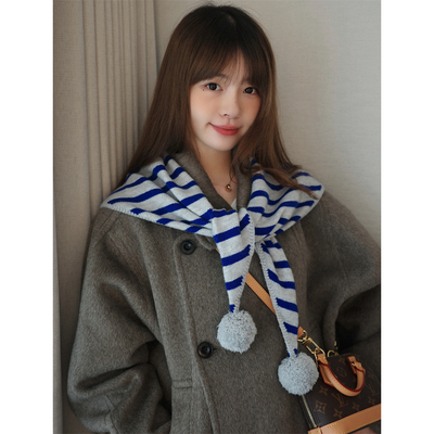 丁走走ins条纹针织毛球三角围巾