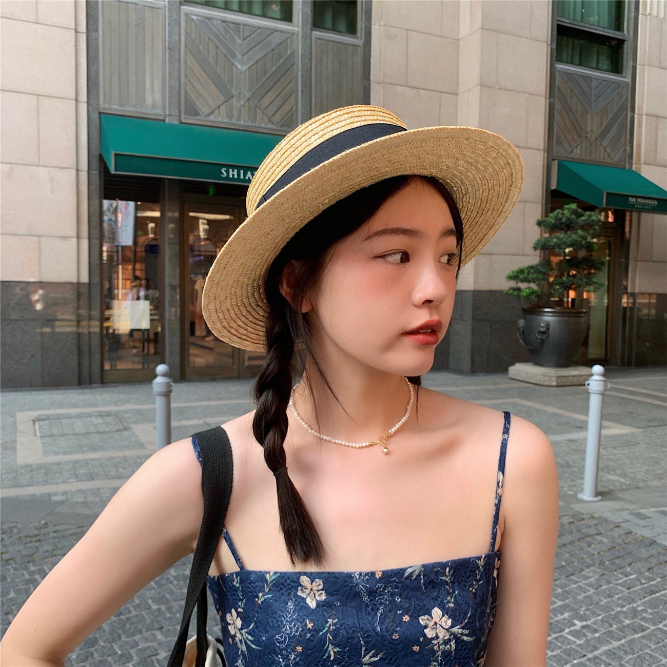 丁走走平顶草帽子女春夏季防晒遮阳帽遮脸防紫外线海边沙滩太阳帽