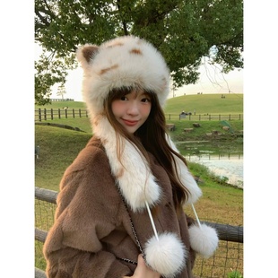 丁走走可爱猫耳朵毛绒帽子围脖一体两件套冬季保暖雷锋帽东北防寒