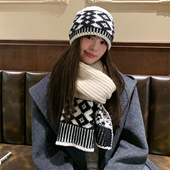 韩国博主同款 时髦针织帽子围巾两件套冬季 保暖百搭护耳冷帽显脸小