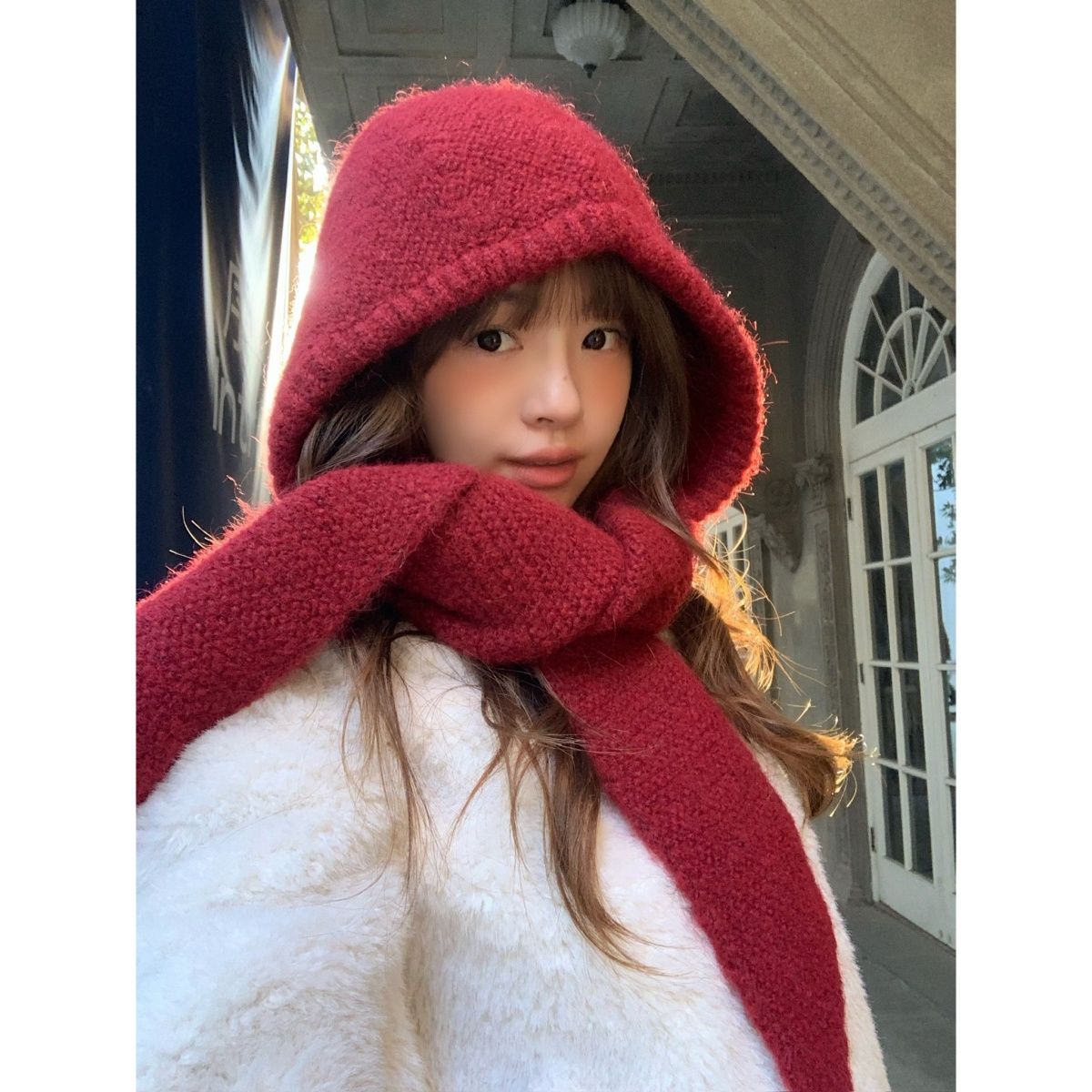 含羊毛红色针织帽子围巾一体保暖