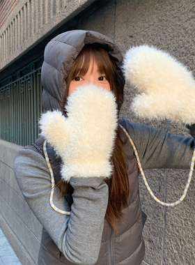 可爱奶乎乎挂脖毛绒白色手套女冬季保暖连指全包手套加厚雪地防寒
