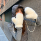 保暖连指全包手套加厚雪地防寒 可爱奶乎乎挂脖毛绒白色手套女冬季