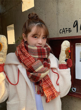 丁走走圣诞好物红色双面格纹围巾秋冬女百搭保暖日系复古针织围脖
