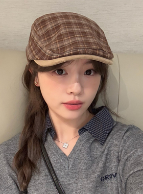 丁走走日系氛围感复古格子前进帽女秋冬百搭显脸小英伦贝雷帽子潮
