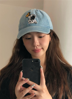 韩版ins小狗刺绣棒球帽子女可爱百搭大头围牛仔鸭舌帽宽檐显脸小