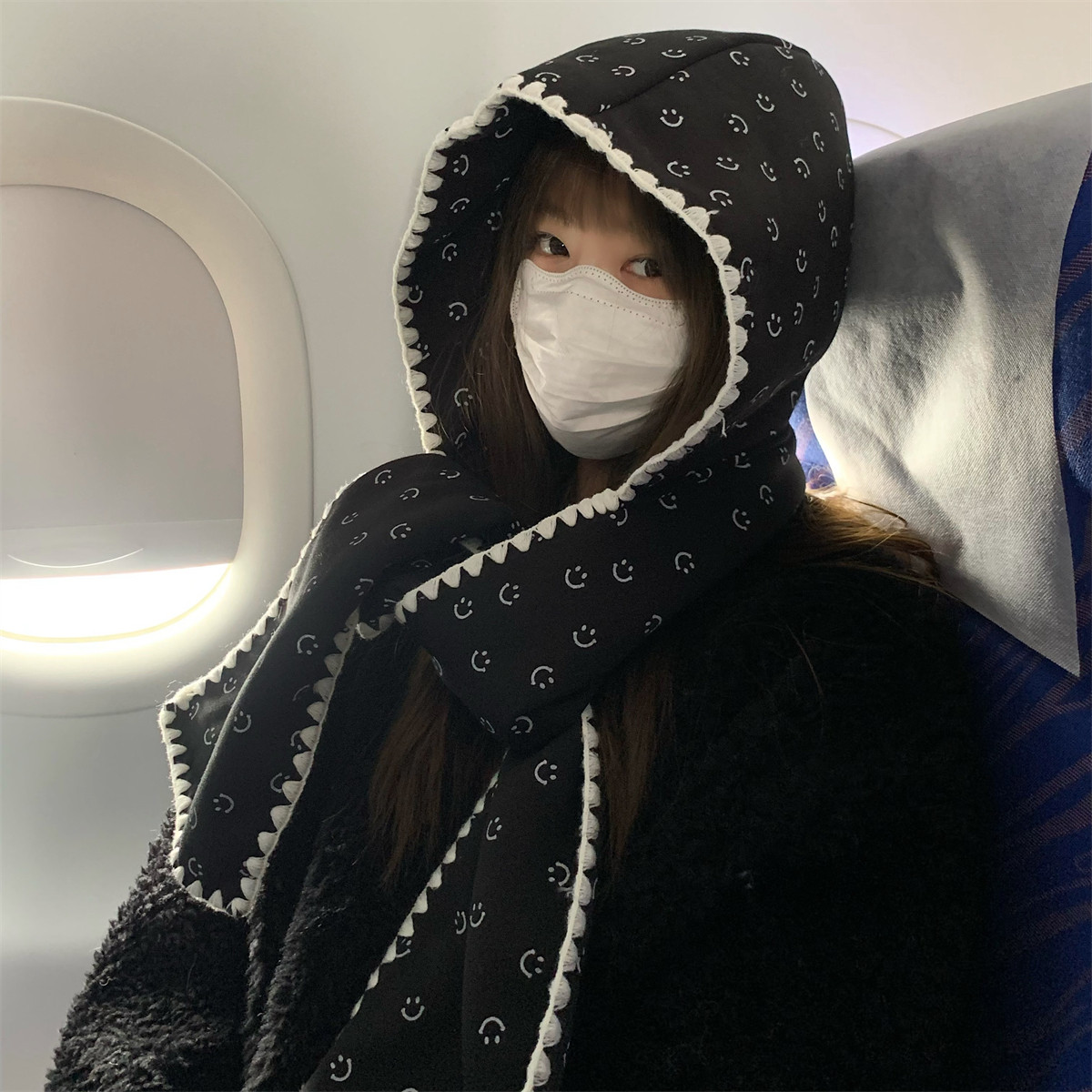 韩国笑脸双层加厚帽子围巾一体冬季保暖护耳连帽披肩高级感围脖女,服饰配件/皮带/帽子/围巾,围巾/丝巾/披肩,淘宝优惠券,粉丝福利购,淘宝优惠卷