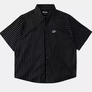 badblood美式复古翻领条纹短袖衬衫男女同款休闲宽松刺绣外套春夏