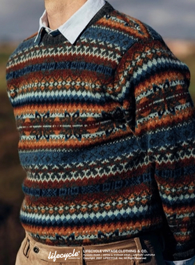 LifeCycle复古费尔岛花纹圆领套头保暖毛衣巴恩风羊毛针织衫男女