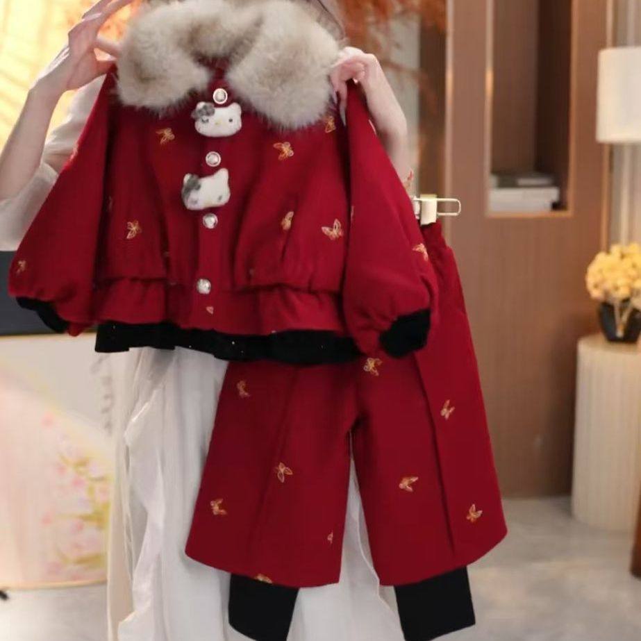 女童冬季加绒年服套装2025新款女宝毛领玩偶呢子外套长裤两件套潮