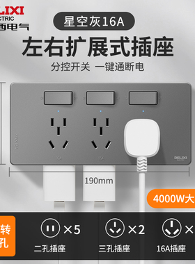德力西拓展插座86型多功能转换器多孔十五带开关10A转16A插座灰色