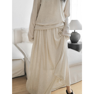 三良晨晨 优雅流动天丝麻高腰针织半身裙春夏温柔燕麦色长裙