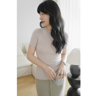 三良晨晨 无缝扬子纱圆领短袖针织衫女秋季修身高弹亲肤羊毛打底