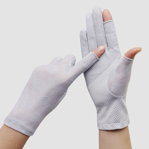 新款弹力薄款女冰丝露指防晒手套