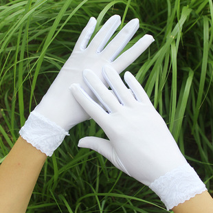 女士薄手套白色舞蹈礼仪健走队蕾丝花边加长弹力防晒防紫外线氨纶