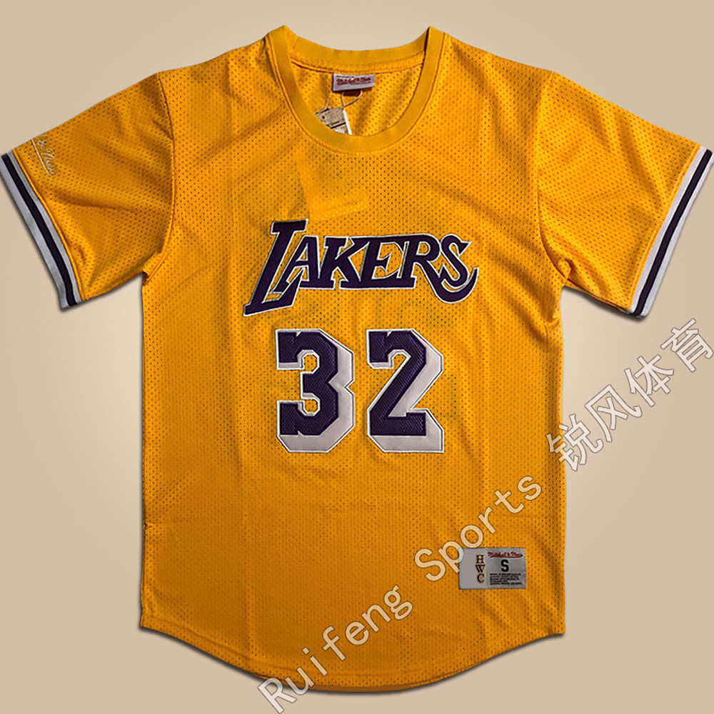 美版全刺绣湖人32号魔术师约翰逊球衣黄色短袖网眼密绣篮球服T恤