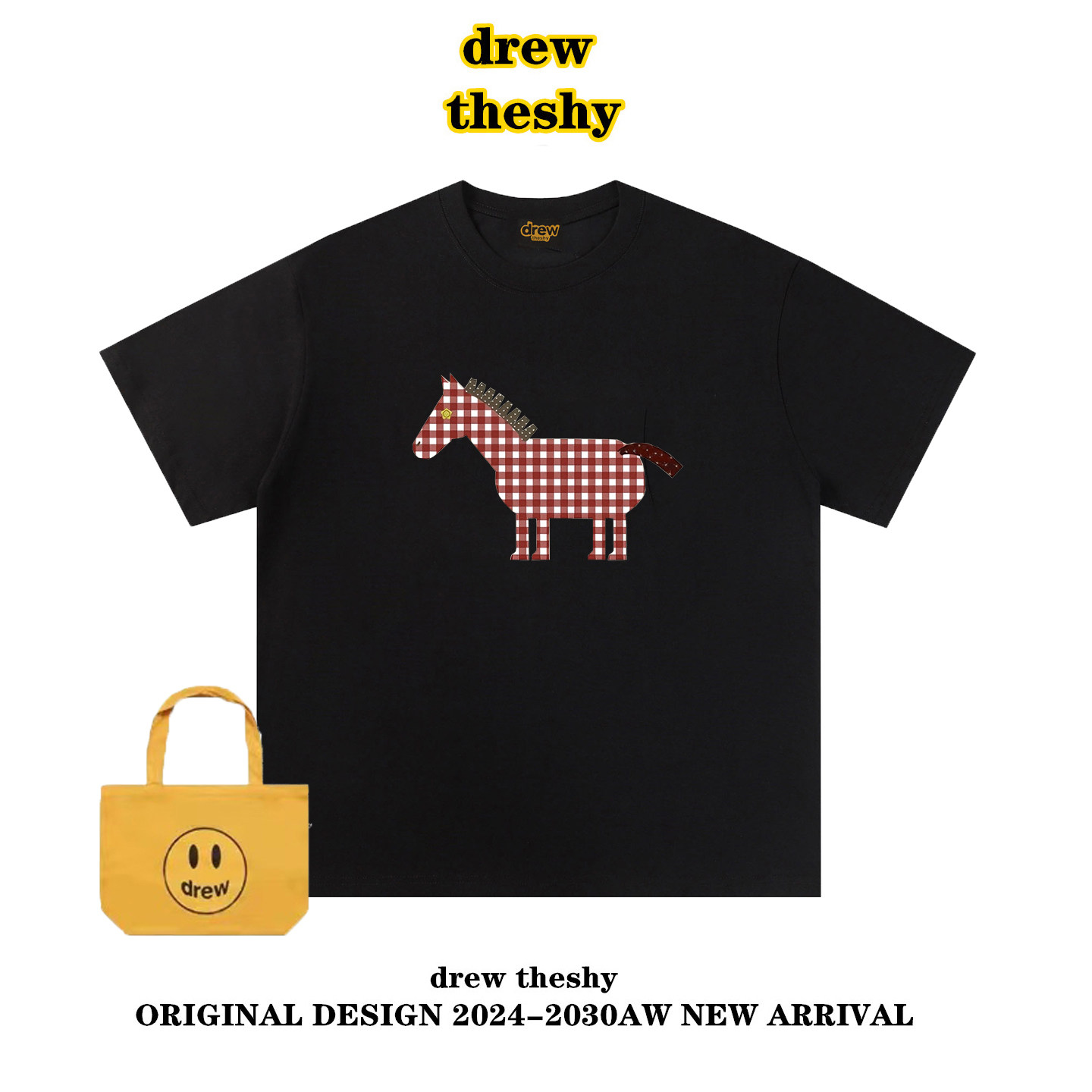 drew日系卡通格子小马短袖t恤男女款美式潮牌纯棉ins情侣百搭半袖