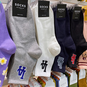吸汗简约运动纯色男士 新款 韩国东大门进口LA字母中筒袜秋冬款 棉袜