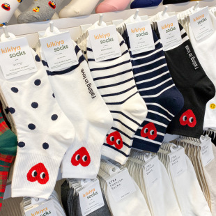 可爱桃心中筒袜韩国东大门爱心条纹袜子女秋白色短袜进口卡通袜萌