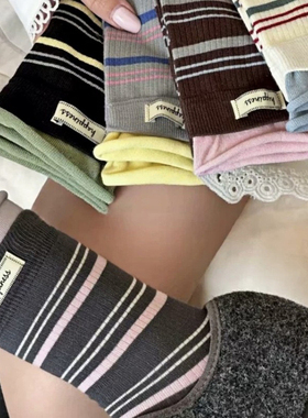 起步韩袜条纹袜子女2025秋冬新款布标字母灰色中筒袜ins风