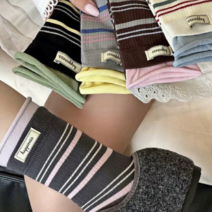 起步韩袜条纹袜子女2025秋冬新款布标字母灰色中筒袜ins风