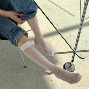 起步韩袜韩国渔网袜东大门镂空网眼透肉高筒街头潮搭纯色小腿袜夏