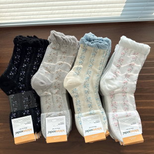 韩国进口现货东大门袜子女款 春夏秋薄棉透气小碎花吸汗透气中筒袜