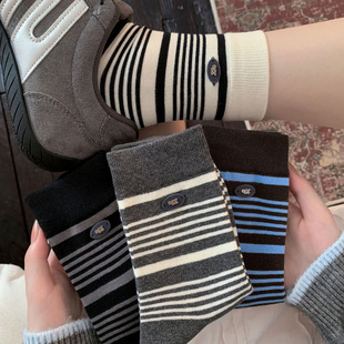 起步韩袜条纹袜子女韩版 ins潮棉无骨纽扣egg秋冬中筒袜百搭堆堆袜