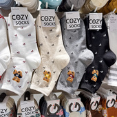 COZY韩国进口袜子女春秋季 东大门新款 小熊卡通字母棉袜白色中筒袜