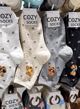 COZY韩国进口袜子女春秋季东大门新款小熊卡通字母棉袜白色中筒袜