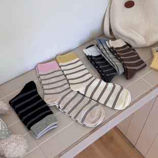 【起步韩袜】条纹袜子女中筒袜韩系ins风潮秋冬撞色百搭吸汗棉袜