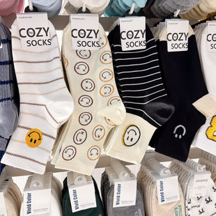 COZY韩国进口东大门袜子女四季 笑脸条纹束口罗纹吸汗中筒袜 新款