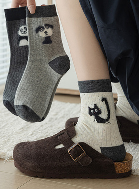 可爱卡通袜子女撞色毛绒立体韩国东大门秋冬季猫咪小狗中筒袜灰色