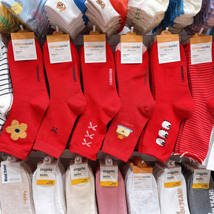 韩国进口现货东大门袜子女kikiya本命年大红色过年吸汗棉袜中筒袜