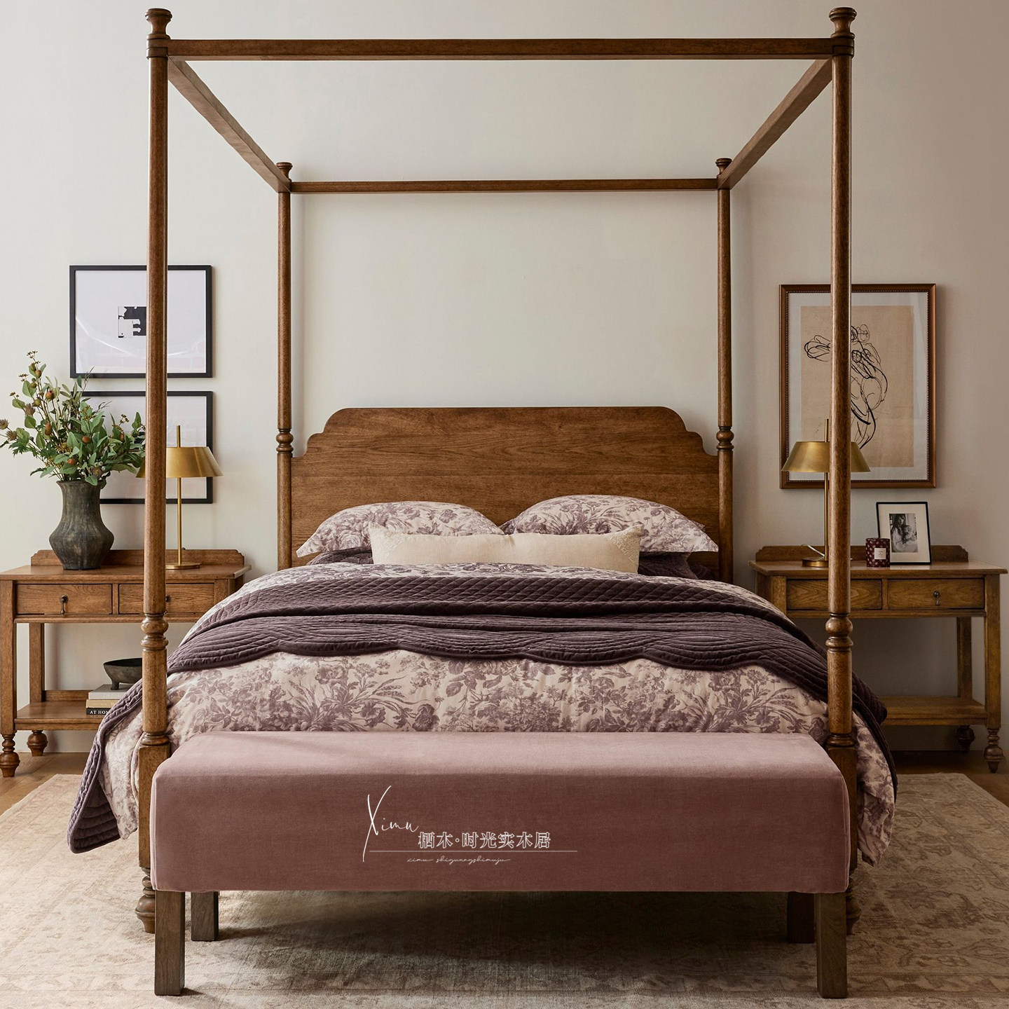 美式乡村实木架子床卧室现代简约双人床卧室家具中古风四柱原木床