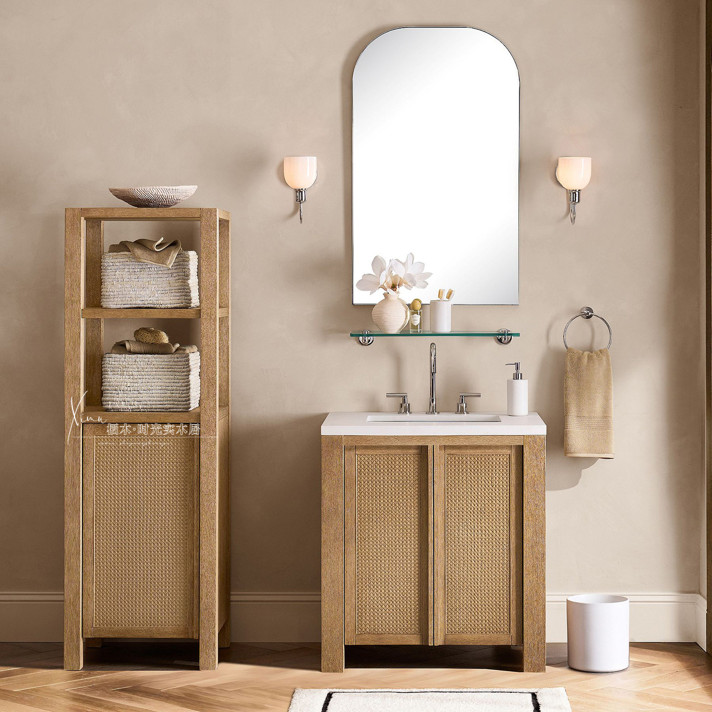 北欧复古实木浴室柜浴室中古风藤编洗手台卫生间现代简约洗手盆柜,家装主材,浴室柜,淘宝优惠券,粉丝福利购,淘宝优惠卷