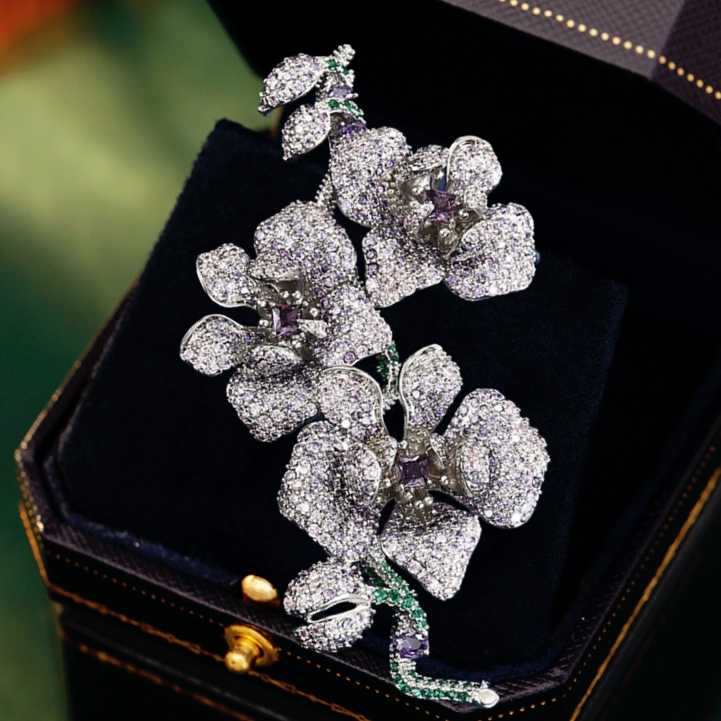 新品重工微镶锆石紫水晶蝴蝶兰胸针奢华优雅大衣西装配饰晚宴胸花