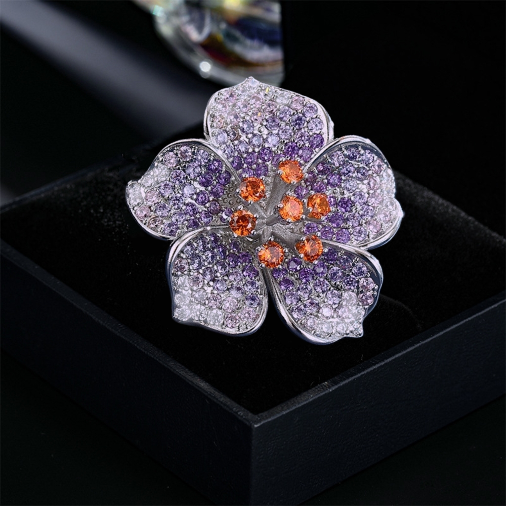 新品微镶锆石磁吸扣吸铁石渐变紫色花朵胸针女领针防走光衬衫配饰