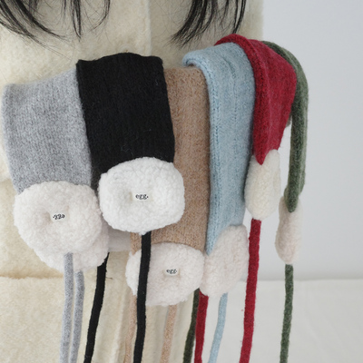 撞色羊羔毛可爱系带小围脖暖耳包